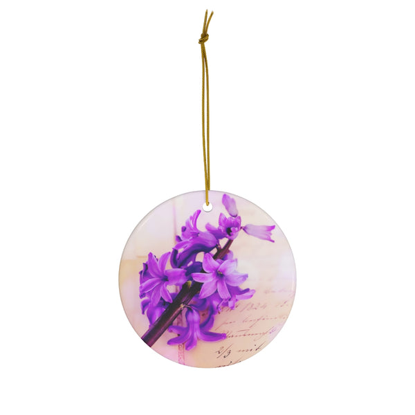 Purple Hyacinth Flower on Vintage Paper Ceramic Ornament