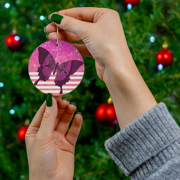 Vintage Purple Butterfly on Retro Sunset Ceramic Ornament by Nature's Glow