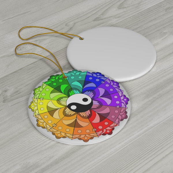 Rainbow Mandala with Yin and Yang Ceramic Ornament by KolorfulKatie