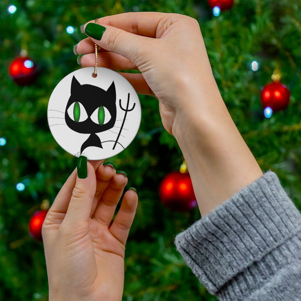 Halloween Black Cat with Pitchfork Ceramic Ornament