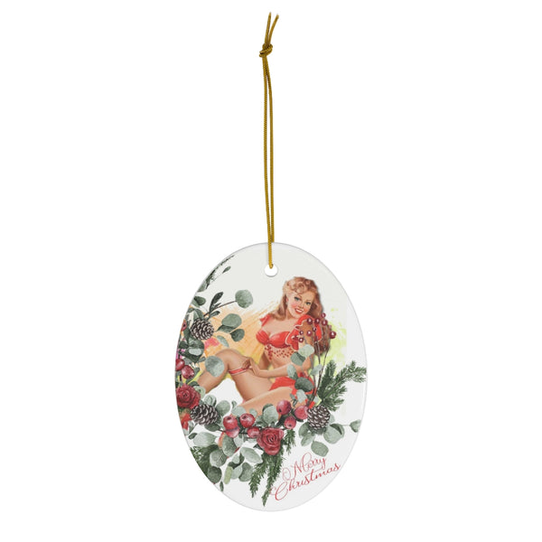 Christmas Pinup Girl in Pine Swag Ceramic Ornament by Nature's Glow
