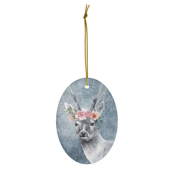 Watercolor Boho Deer with Flowers Ceramic Ornament by Nature's Glow