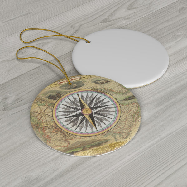 British America Nautical Map & Compass Rose Ceramic Ornament