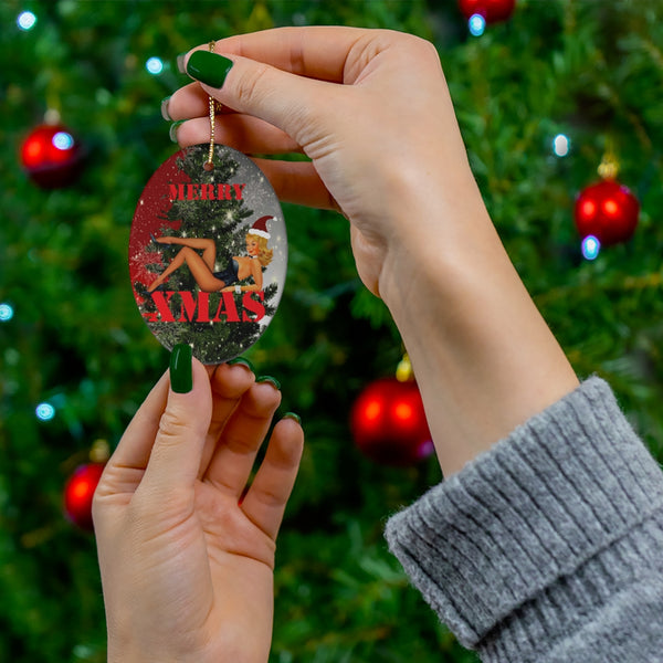 MERRY XMAS Pinup Girl with Santa Hat Ceramic Ornament by Nature's Glow