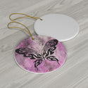 Butterfly Silhouette on Pink Watercolor Ceramic Ornament by Nature's Glow