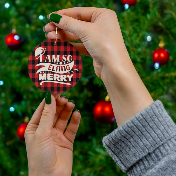 Elfing Merry Christmas Red Plaid Ceramic Ornament by Nature's Glow