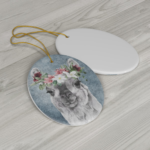 Watercolor Boho Llama with Flowers Ceramic Ornament by Nature's Glow