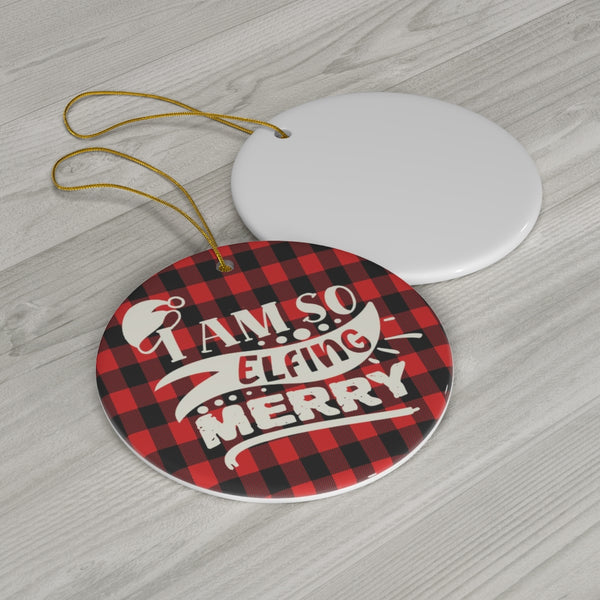Elfing Merry Christmas Red Plaid Ceramic Ornament by Nature's Glow