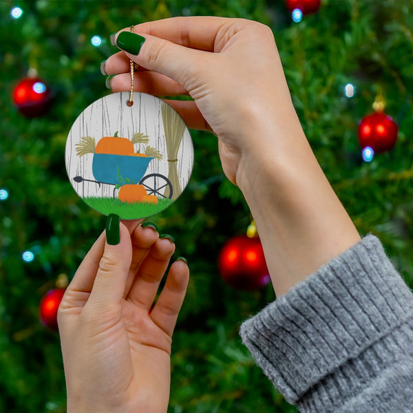 Autumn Wheelbarrow Ceramic Ornament by KolorfulKatie