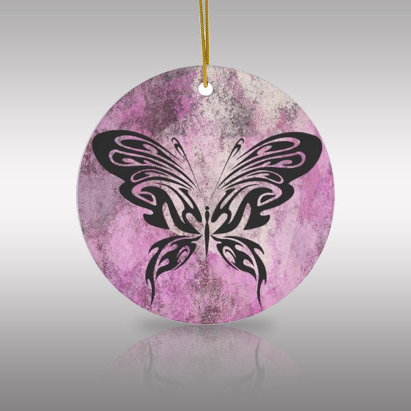 Butterfly Silhouette on Pink Watercolor Ceramic Ornament by Nature's Glow