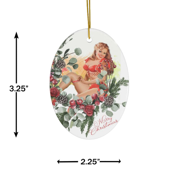 Christmas Pinup Girl in Pine Swag Ceramic Ornament by Nature's Glow