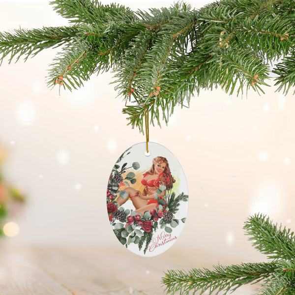 Christmas Pinup Girl in Pine Swag Ceramic Ornament by Nature's Glow