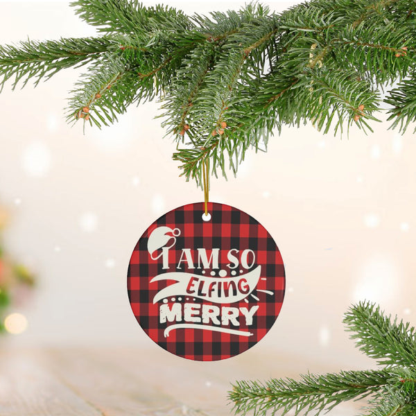 Elfing Merry Christmas Red Plaid Ceramic Ornament by Nature's Glow