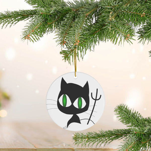 Halloween Black Cat with Pitchfork Ceramic Ornament