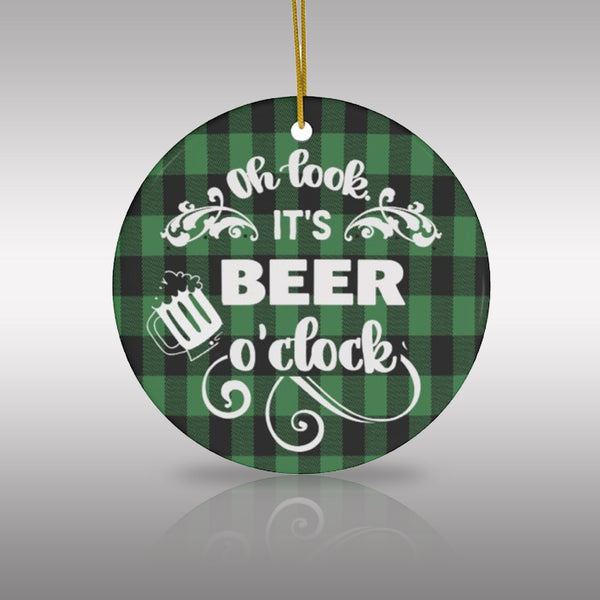 It's Beer O'Clock Green Plaid Ceramic Ornament by Nature's Glow