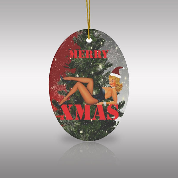 MERRY XMAS Pinup Girl with Santa Hat Ceramic Ornament by Nature's Glow