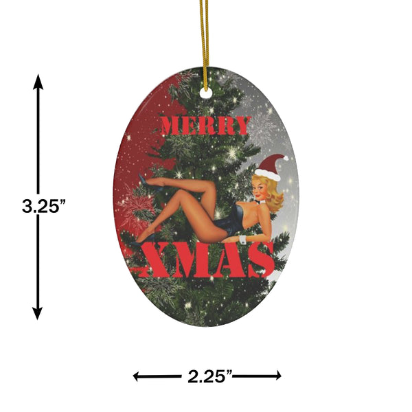 MERRY XMAS Pinup Girl with Santa Hat Ceramic Ornament by Nature's Glow