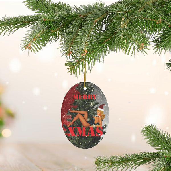 MERRY XMAS Pinup Girl with Santa Hat Ceramic Ornament by Nature's Glow