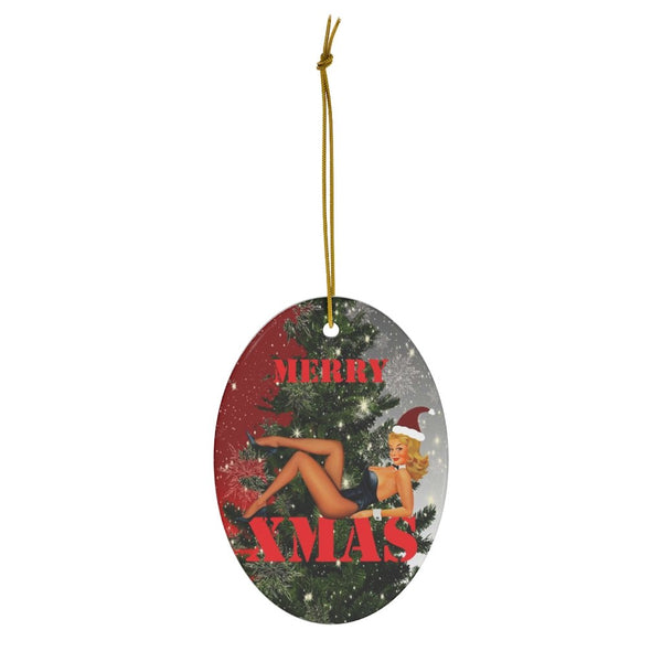 MERRY XMAS Pinup Girl with Santa Hat Ceramic Ornament by Nature's Glow