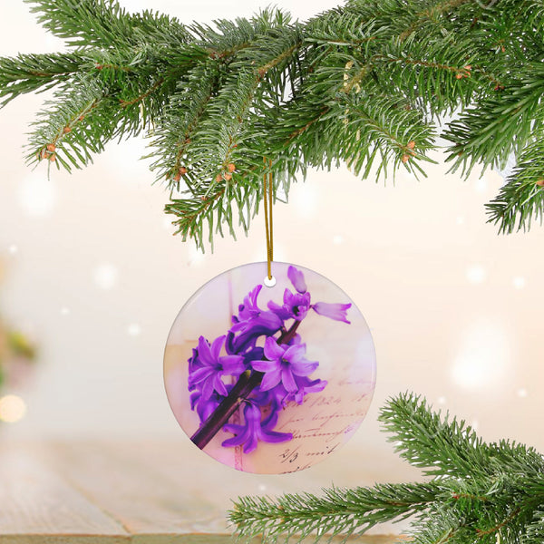 Purple Hyacinth Flower on Vintage Paper Ceramic Ornament