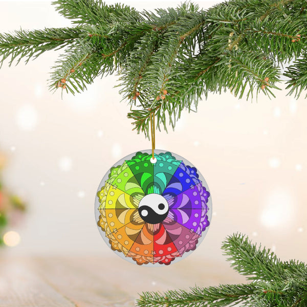 Rainbow Mandala with Yin and Yang Ceramic Ornament by KolorfulKatie