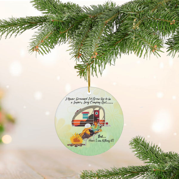 Retro Sassy Camping Gal Ceramic Ornament by Nature's Glow