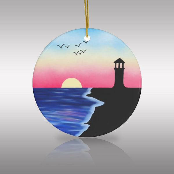 Sunset Lighthouse Ceramic Ornament by KolorfulKatie