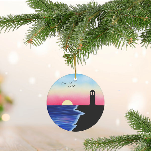 Sunset Lighthouse Ceramic Ornament by KolorfulKatie