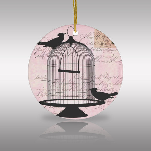 Vintage Pink Birdcage Ceramic Ornament with Ephemera Print