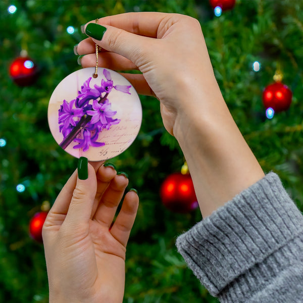 Purple Hyacinth Flower on Vintage Paper Ceramic Ornament