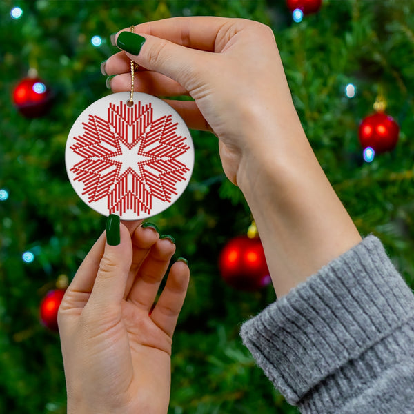 Nordic Red Snowflake Ceramic Ornament by Nature's Glow