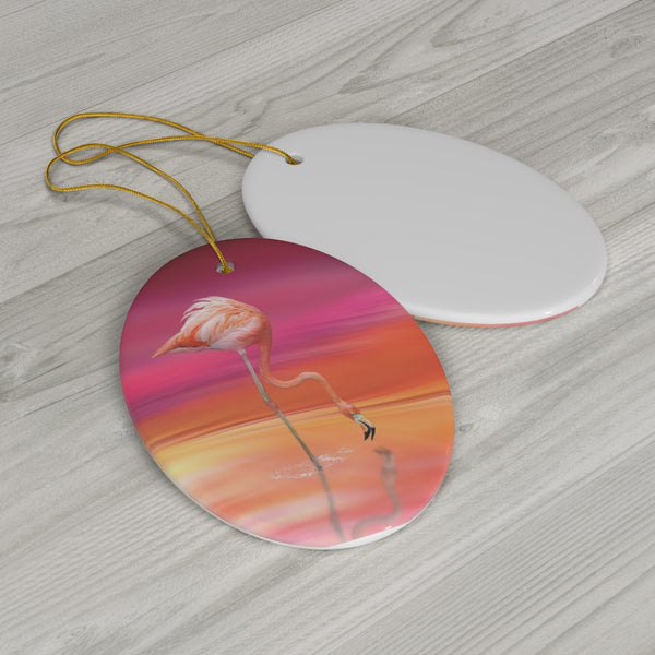 Tropical Flamingo at Sunset Ceramic Ornament
