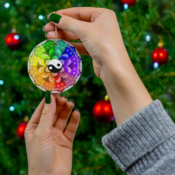 Rainbow Mandala with Yin and Yang Ceramic Ornament by KolorfulKatie