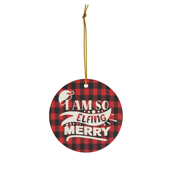 Elfing Merry Christmas Red Plaid Ceramic Ornament by Nature's Glow