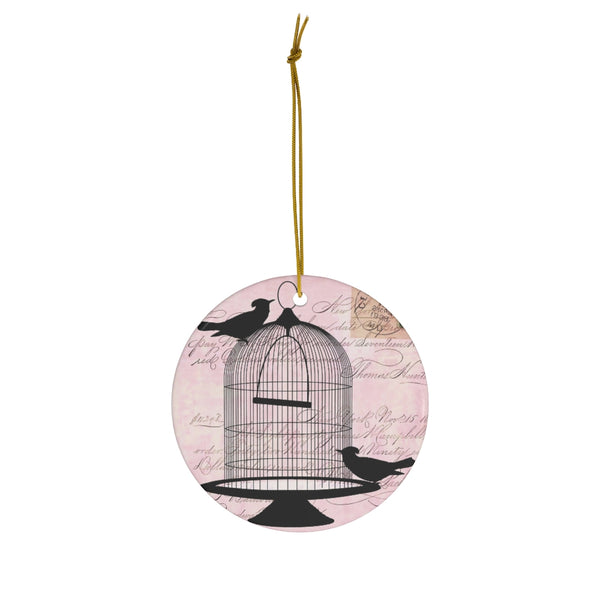 Vintage Pink Birdcage Ceramic Ornament with Ephemera Print