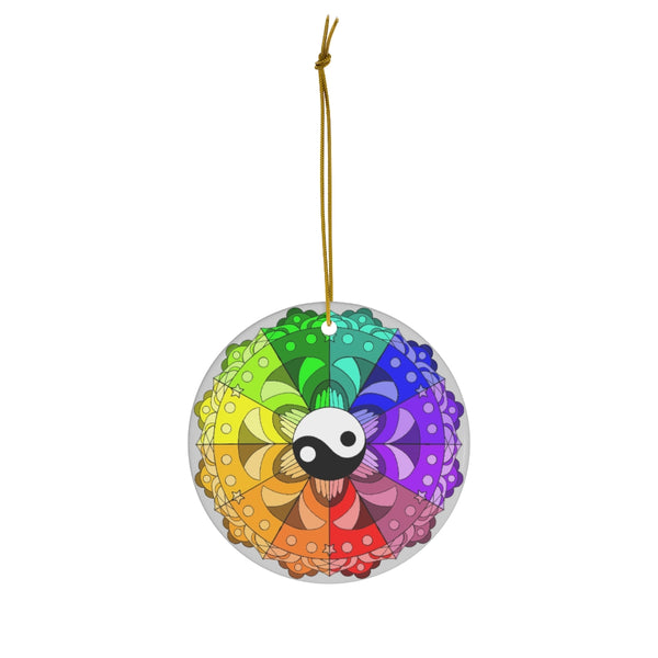 Rainbow Mandala with Yin and Yang Ceramic Ornament by KolorfulKatie