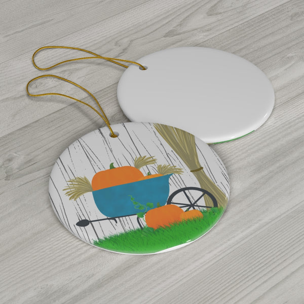 Autumn Wheelbarrow Ceramic Ornament by KolorfulKatie