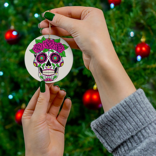 Sugar Skull with Roses Day of the Dead Ceramic Ornament