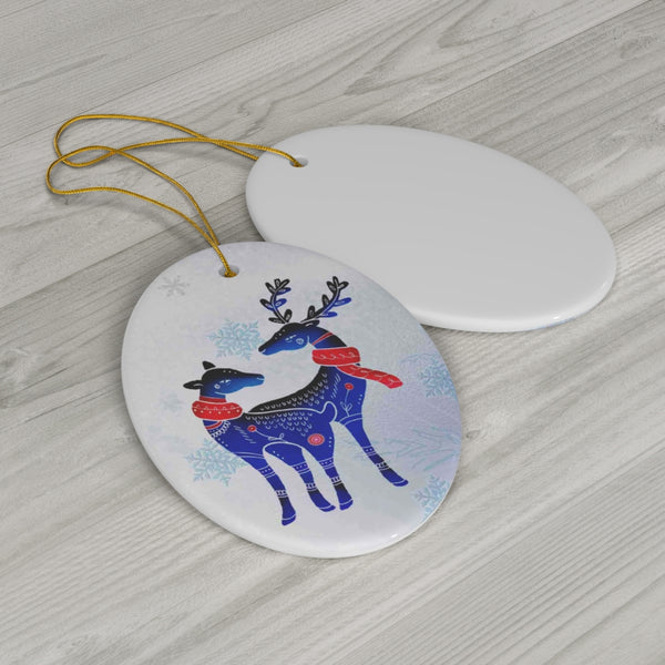 Blue Nordic Christmas Reindeer Ceramic Ornament by Nature's Glow